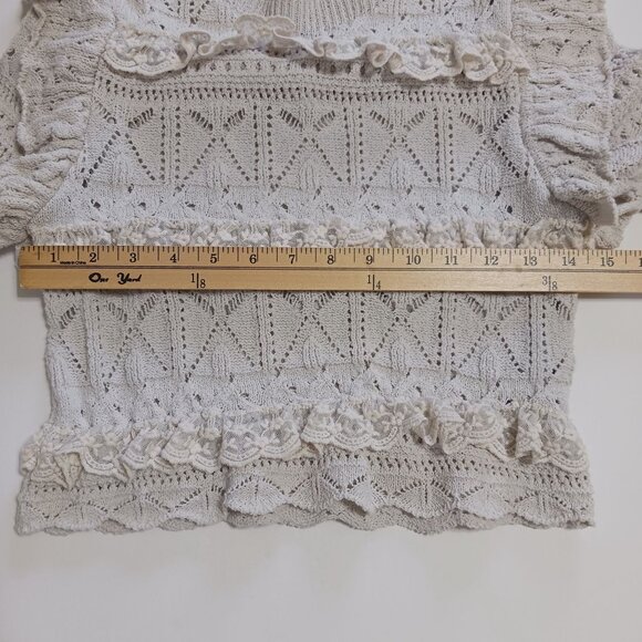 Zara Pointelle Ruffled Knit Top Sweater Size Small Ecru Cream Lace Trim Coquette - Picture 10 of 12